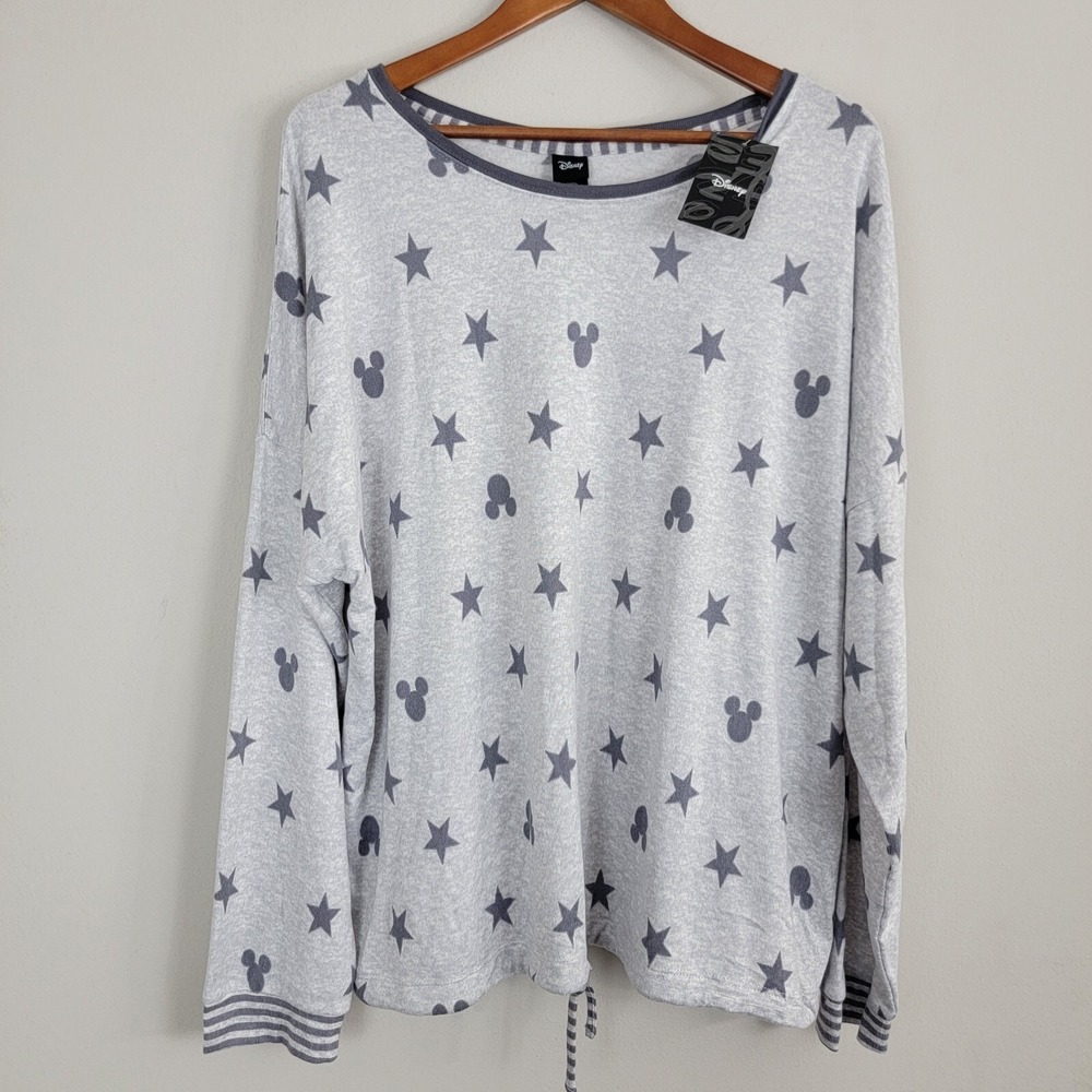 Disney Women Sleepwear XXL Gray Mickey Mouse Stars Allover Long Sleeve Tie Waist